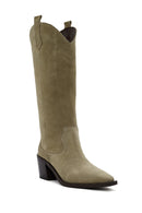 Women's Beige Chunky Heel Suede Leather Cowboy Boots | Derimod