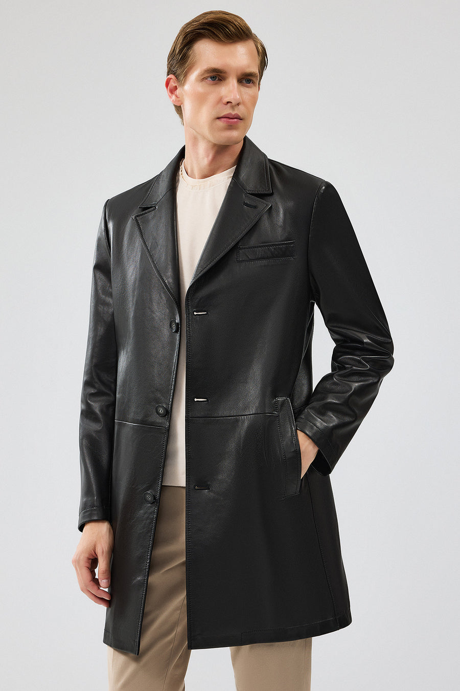 Dias Men's Black Long Hooded Leather Trench Coat