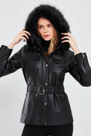 Lavinia Women's Black Hooded Fur Leather Coat | Derimod