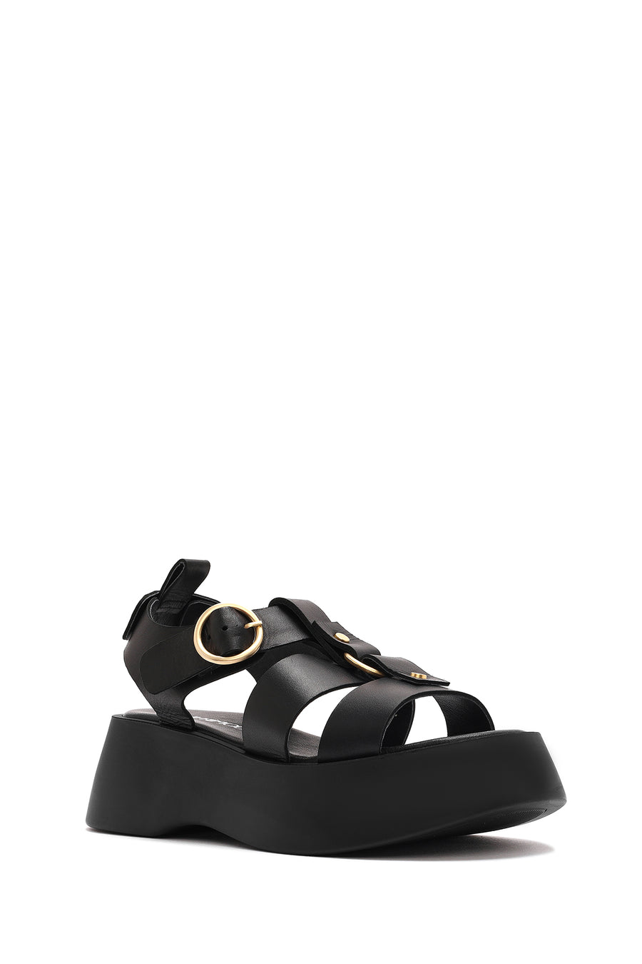 Women's Black Ankle Strap Thick Soled Leather Sandals