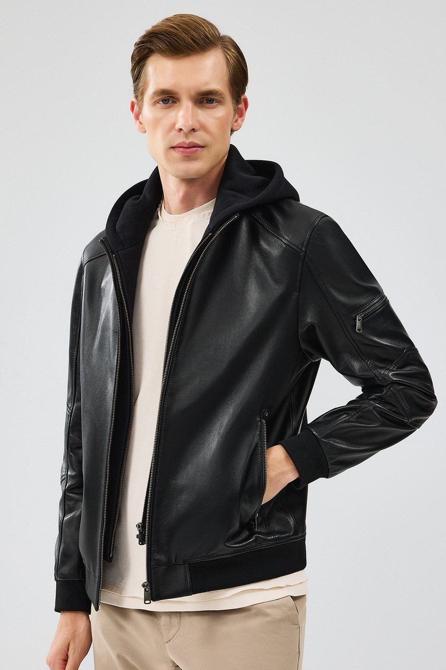 Niko Men's Black Hooded Leather Jacket
