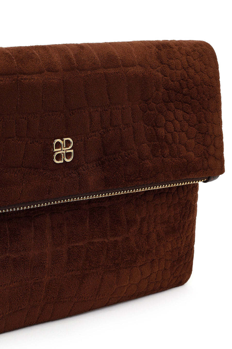 Woman Brown Printed Suede Clutch Bag with Long Chain Strap