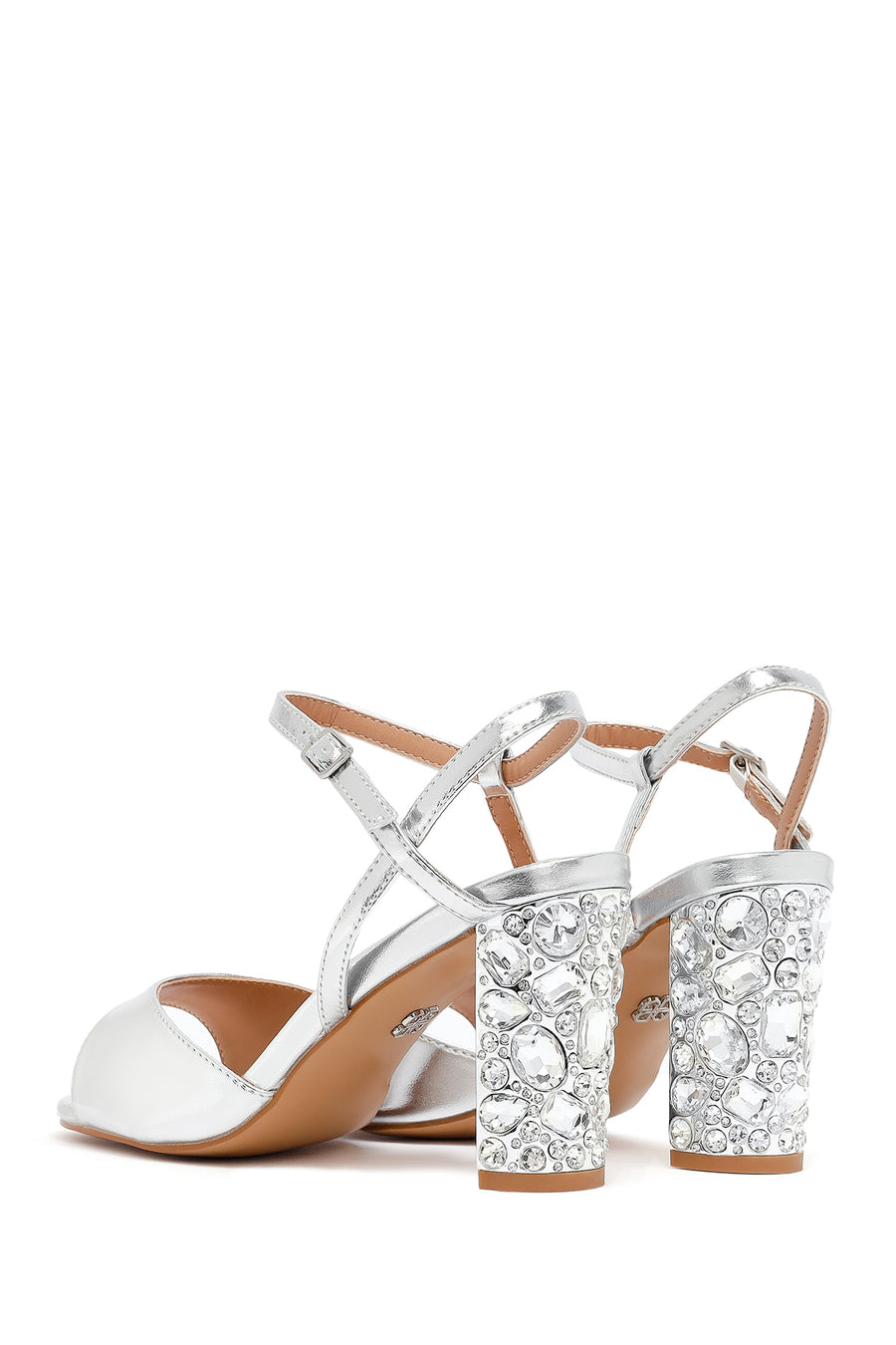 Women's Silver Ankle Buckle Metallic Chunky Heel Sandals