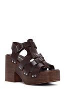 Women's Brown Thick Heeled Buckle Leather Sandals | Derimod