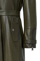 Rhoda Women's Khaki Collar Fur Belt Detailed Leather Coat | Derimod