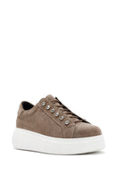 Women's Grey Lace-Up Stone Detailed Suede Leather Sneakers | Derimod