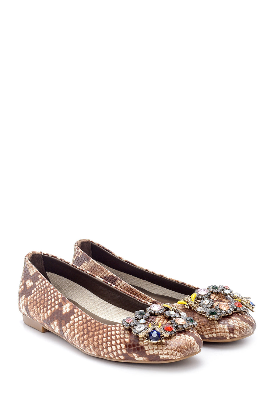 Women's Leather Snakeskin Patterned Stone Ballerinas
