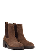 Woman Mink Thick-Heeled Suede Chelsea Boots | Derimod