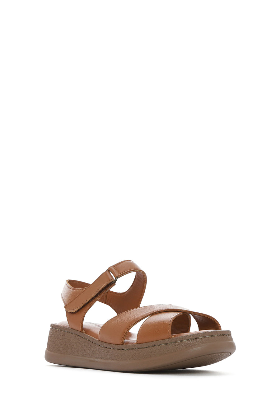 Women's Tan Ankle Strap Thick Soled Leather Comfort Sandals