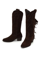 Woman Brown Tassel Chunky-Heeled Suede Leather Cowboy Boots | Derimod