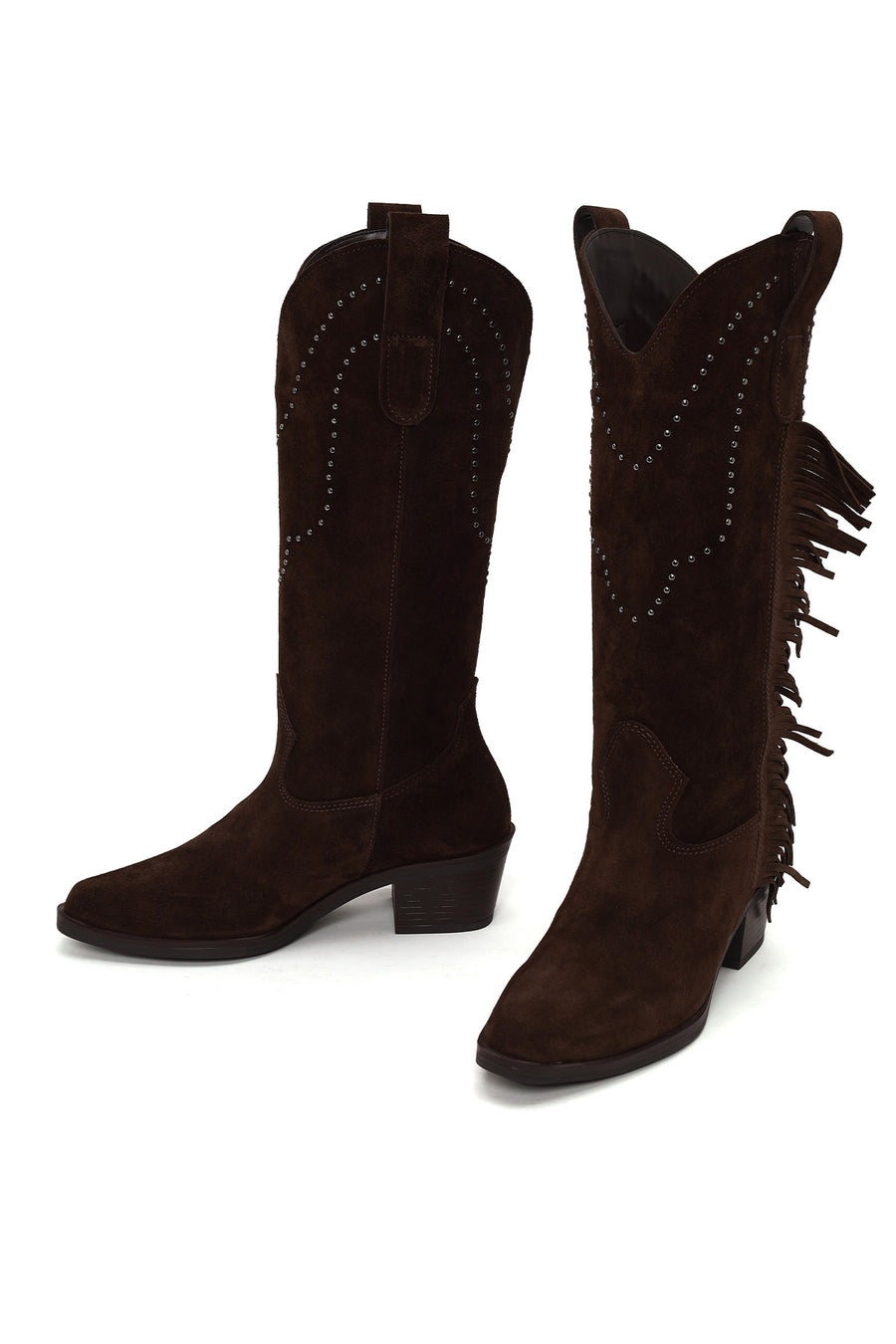Woman Brown Tassel Chunky-Heeled Suede Leather Cowboy Boots