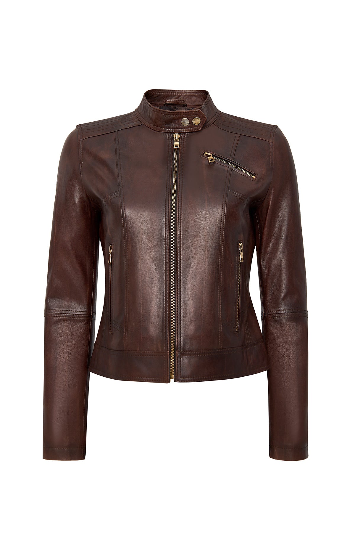 Kylie Women's Brown Mandarin Collar Leather Jacket 24WGE5352NC | Derimod