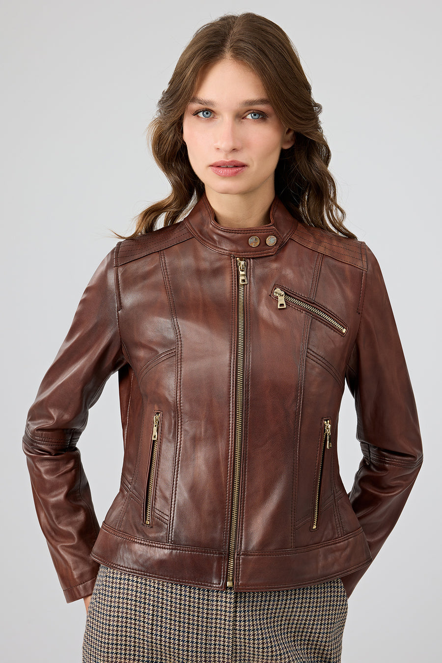 Kylie Women's Brown Mandarin Collar Leather Jacket 24WGE5352NC | Derimod