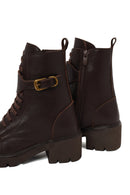 Woman Brown Zip Closure Thick-Heeled Leather Combat Boots | Derimod