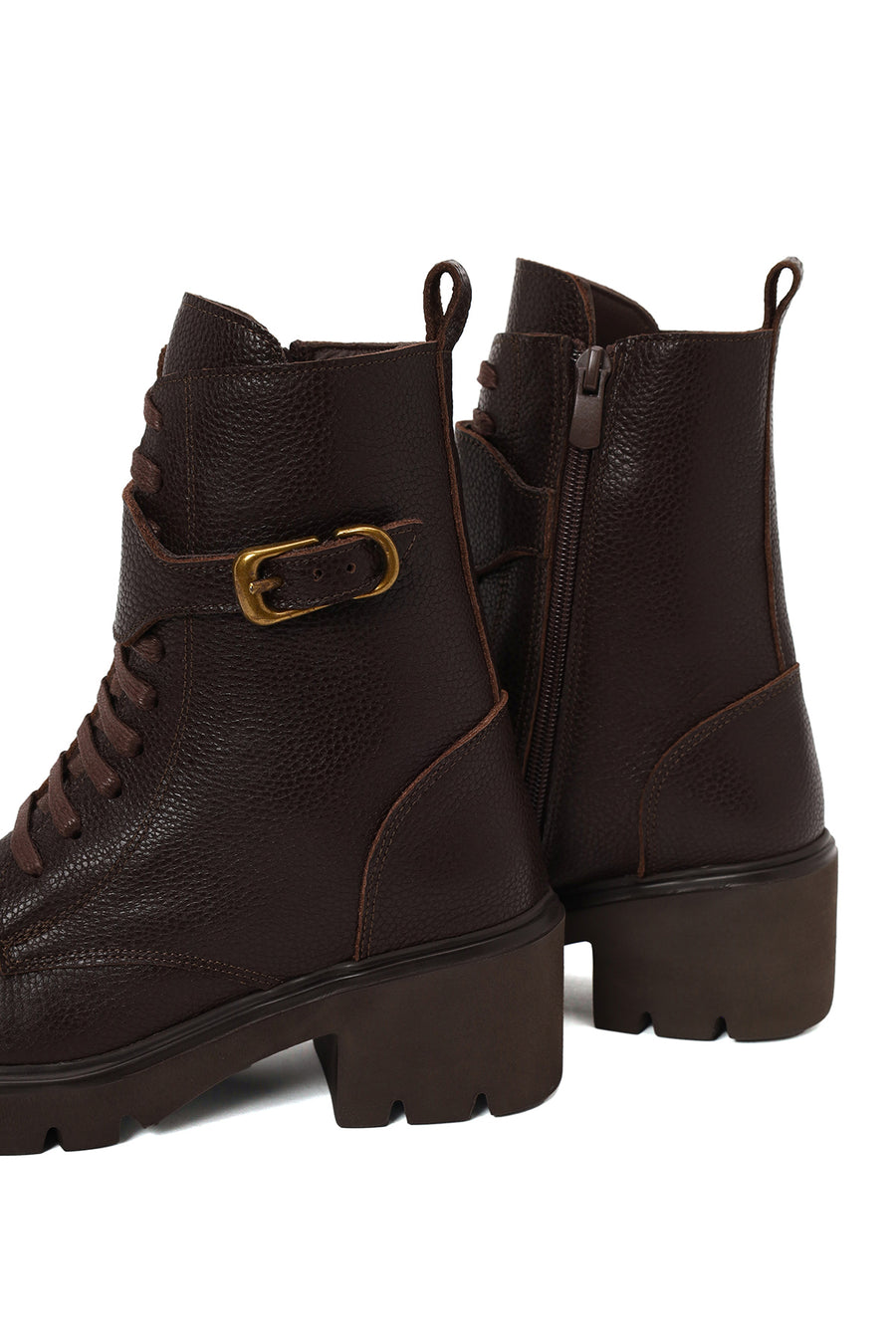 Woman Brown Zip Closure Thick-Heeled Leather Combat Boots