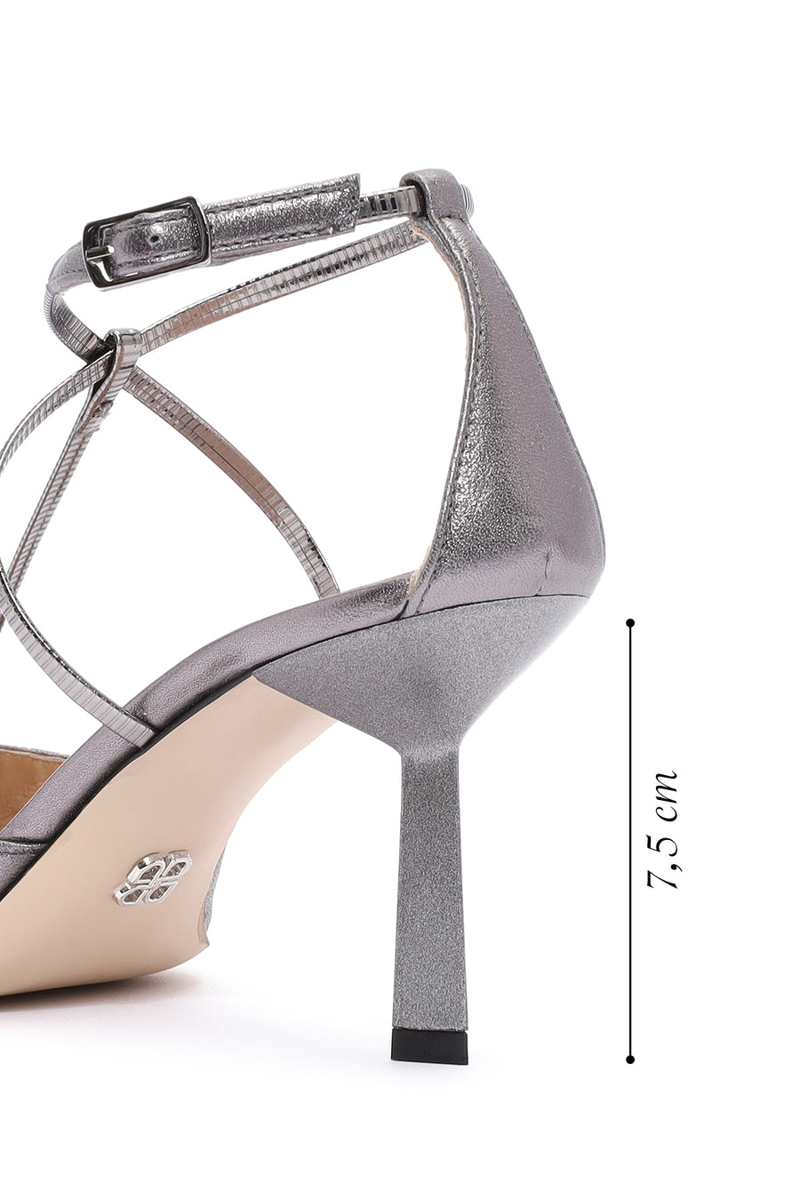 Women's Grey Ankle Strap Thin Heel Metallic Leather Shoes