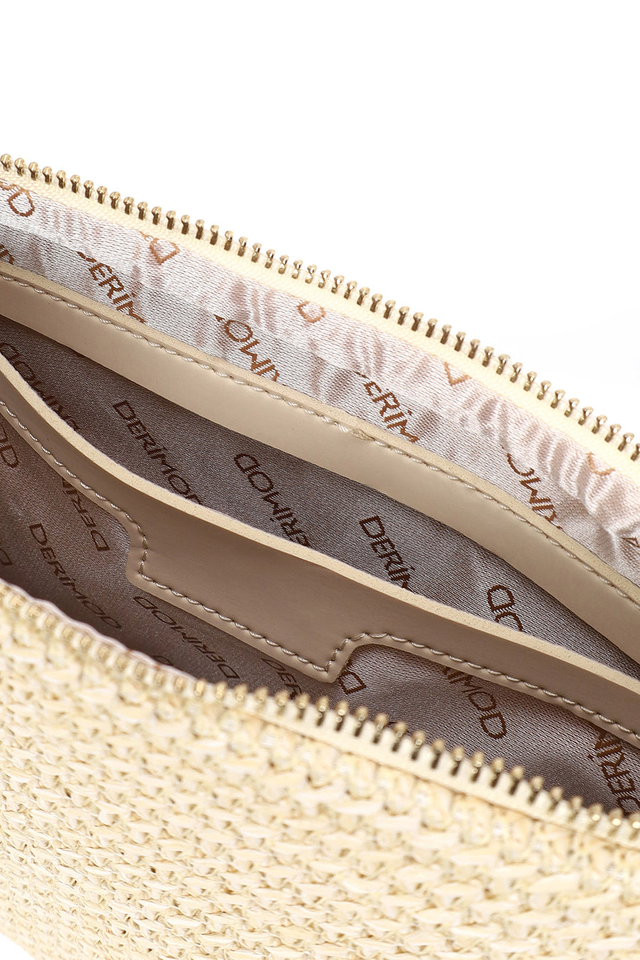 Woman Light Beige Wicker Clutch Bag with Long Chain Strap