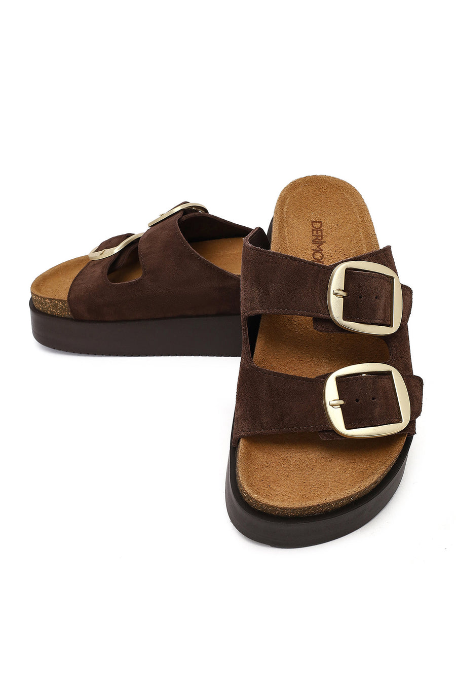 Women's Brown Double Buckle Thick Sole Suede Leather Slippers