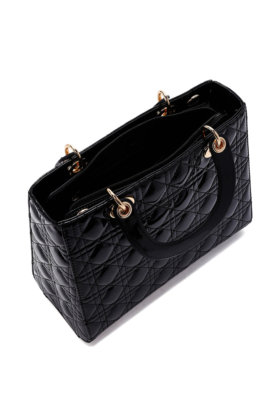 Women's Black Long Strap Patterned Patent Leather Handbag