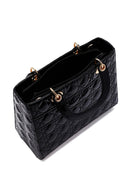 Women's Black Long Strap Patterned Patent Leather Handbag | Derimod