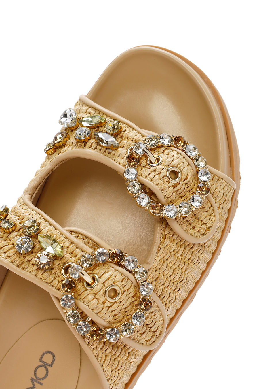 Women's Beige Straw Stone Slippers