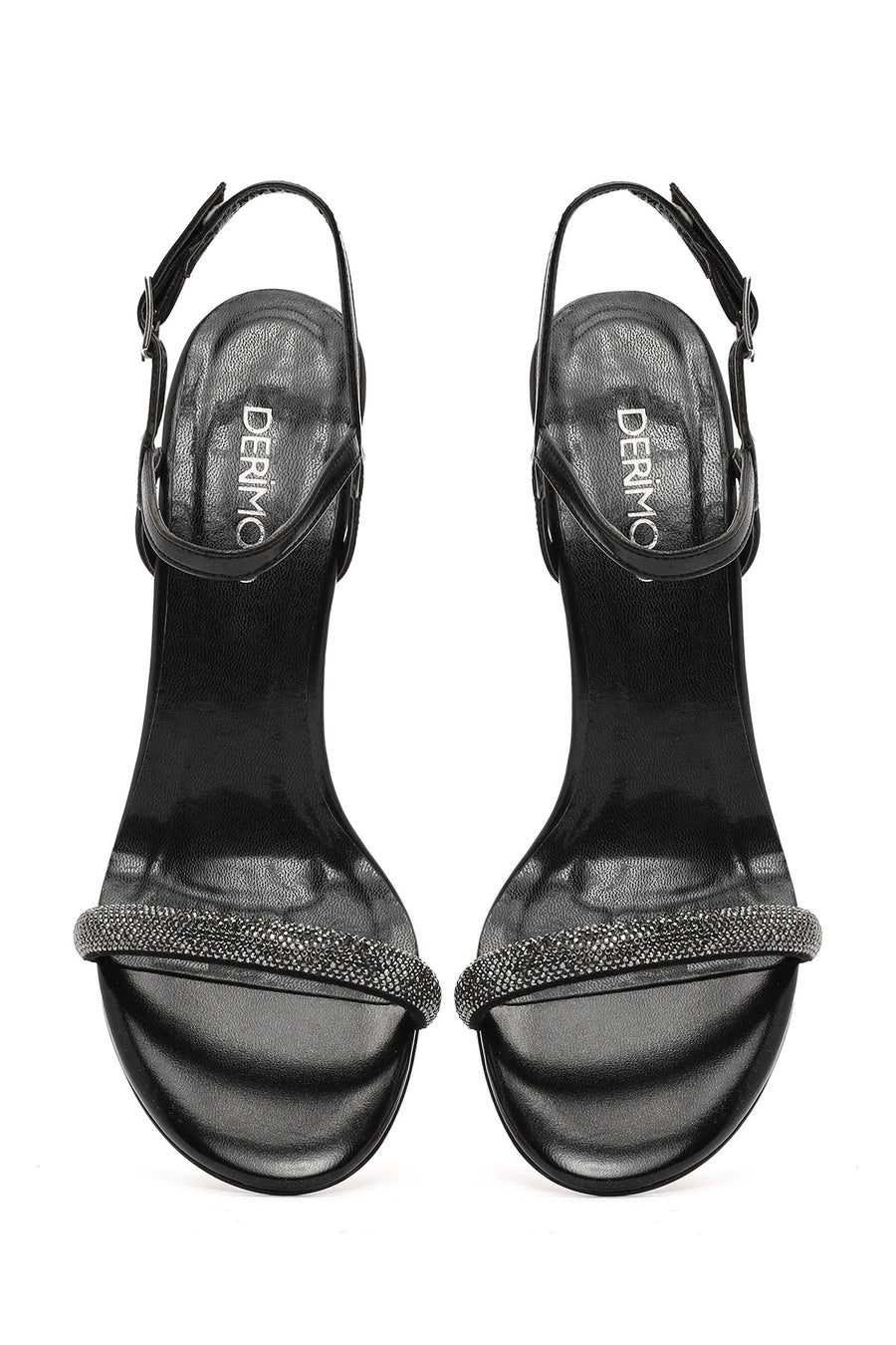 Women's Black Ankle Buckle Stone High Thin Heel Sandals