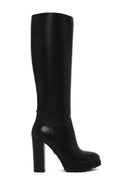 Woman Black Zip Closure High Thick-Heeled Leather Boots | Derimod