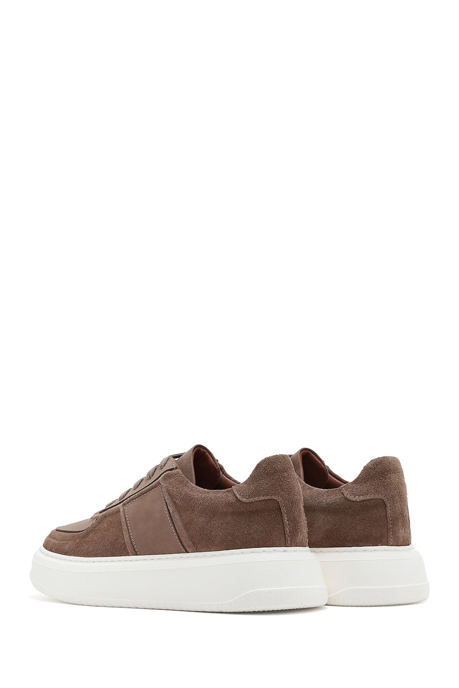 Men's Beige Lace-Up Thick-Sole Suede Leather Sneakers