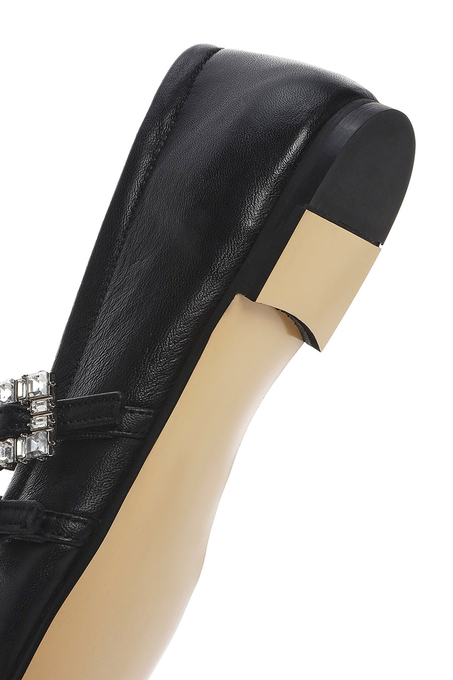Women's Black Double Buckled Stoned Leather Ballerinas