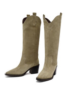 Women's Beige Chunky Heel Suede Leather Cowboy Boots | Derimod