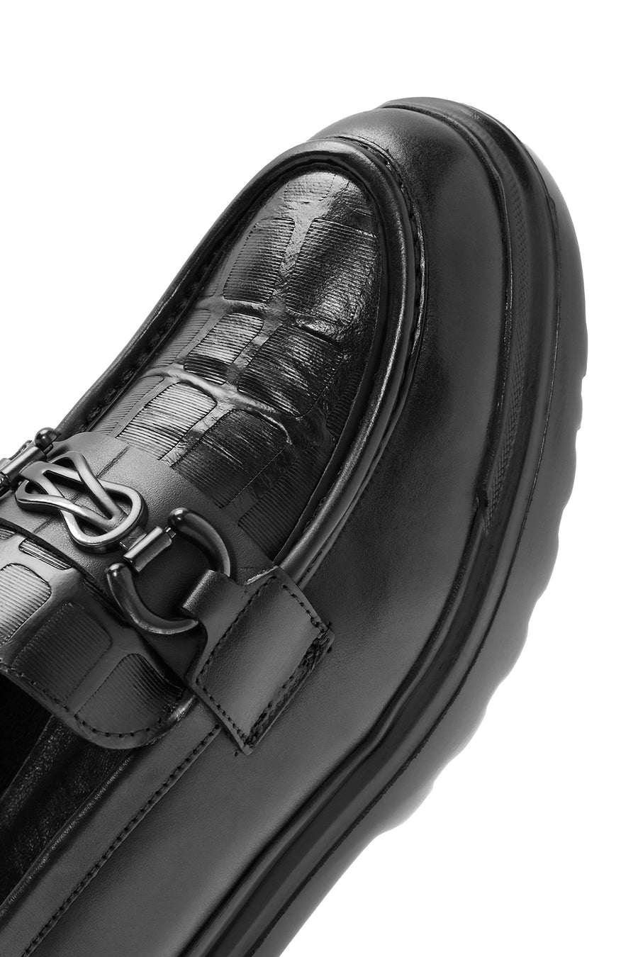 Erkek Siyah Baskılı Toka Detaylı Deri Loafer