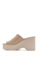 Women's Beige Wedge Heeled Leather Slippers | Derimod