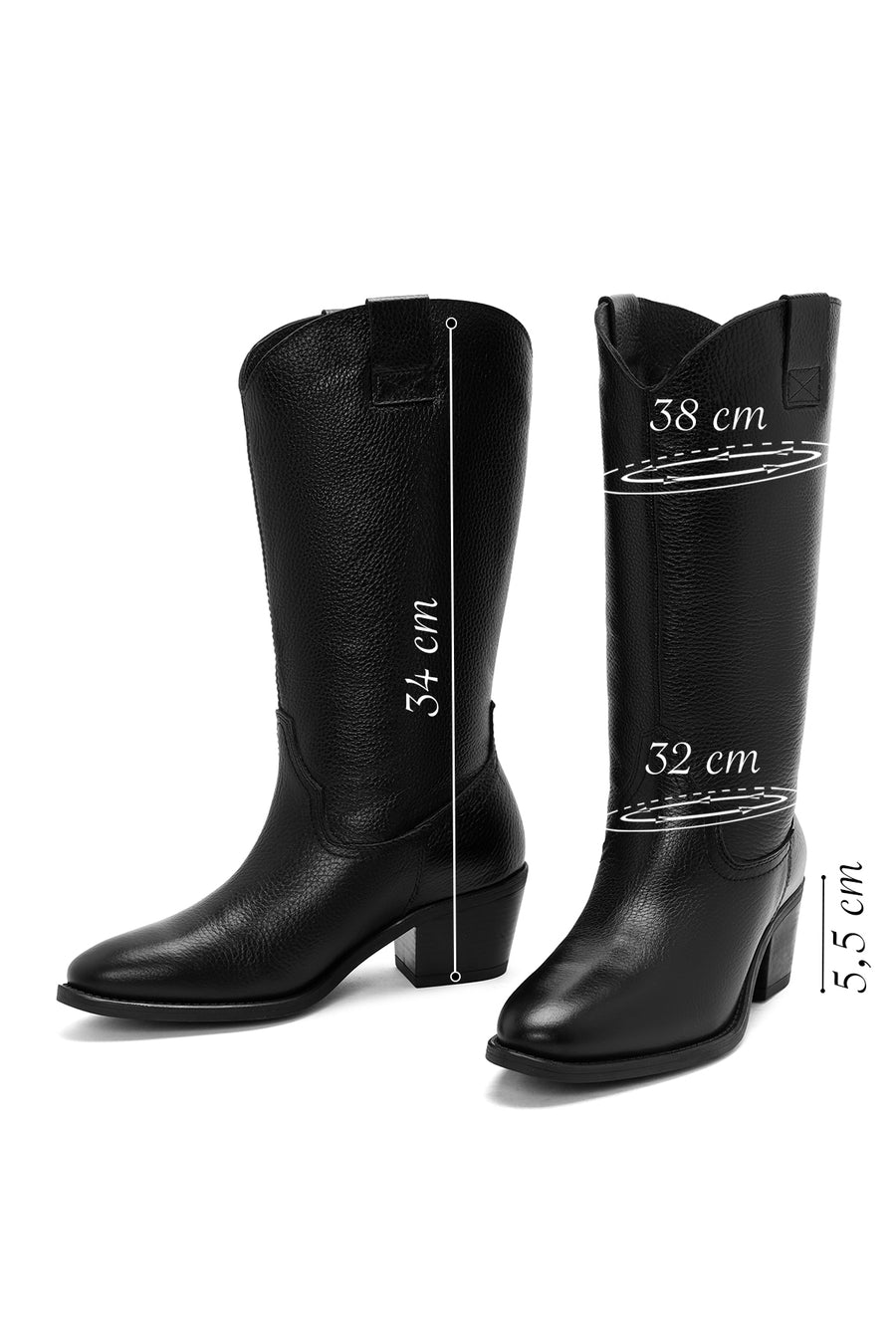 Woman Black Chunky Heels Leather Cowboy Boots