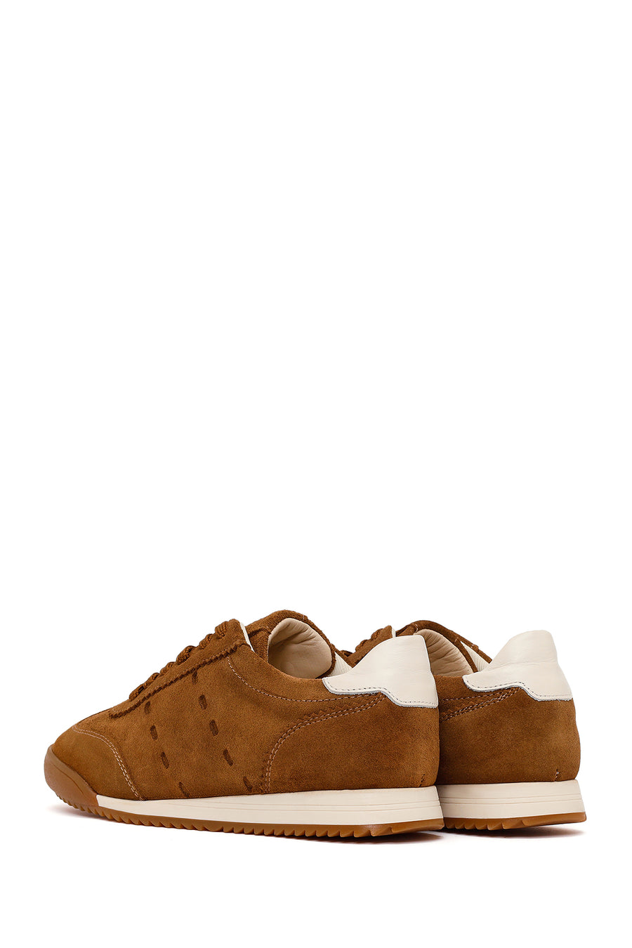 Woman Tan Lace-Up Suede Leather Sneakers