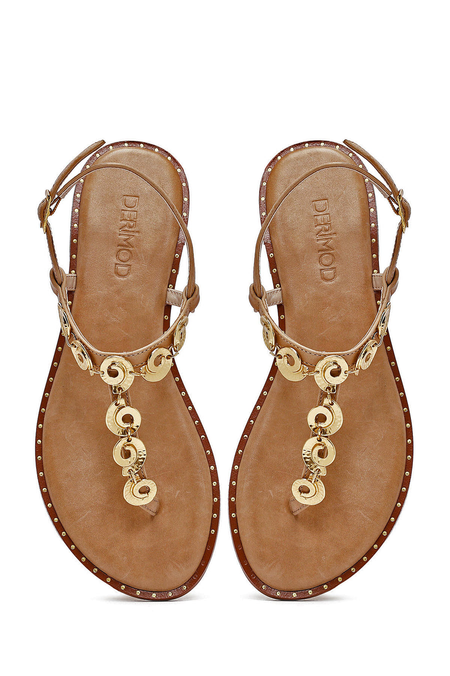 Women's Brown Ankle Buckle Flip-Flop Leather Sandals