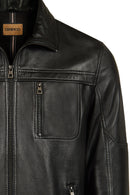 Karl Male Black Zip Closure Notched Collar Leather Jacket | Derimod