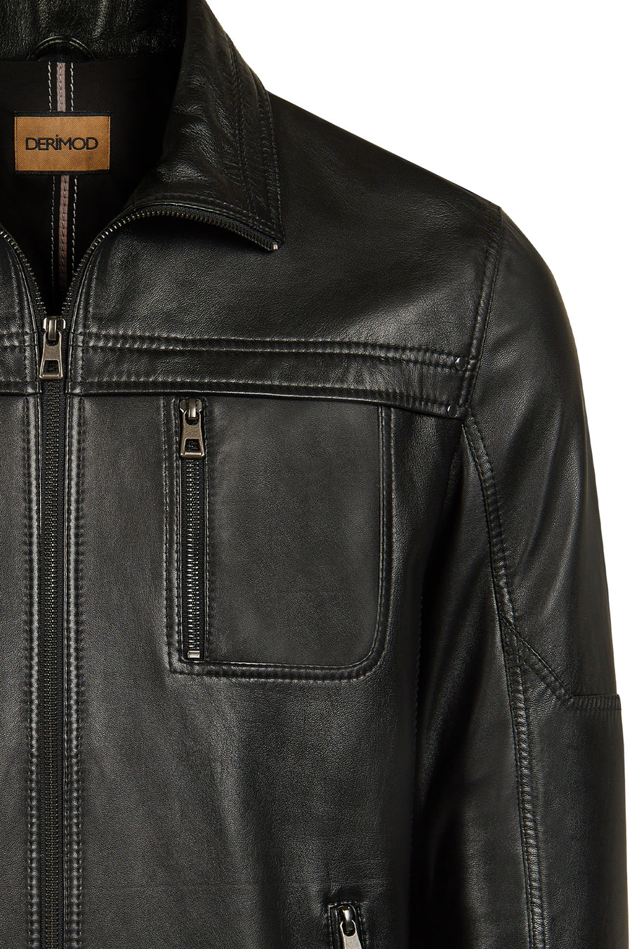 Karl Male Black Zip Closure Notched Collar Leather Jacket