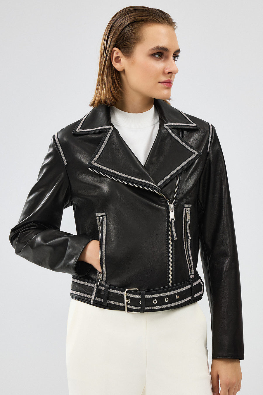 Lady Women's Black Short Leather Jacket