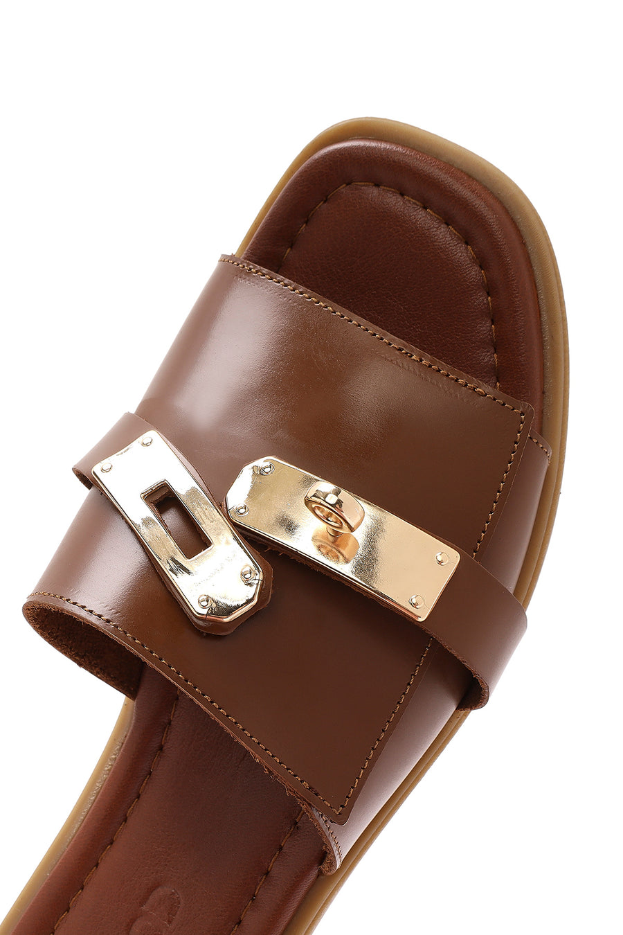Women's Brown Buckled Leather Slippers