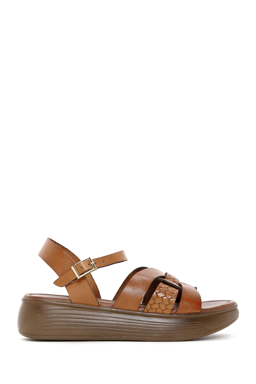 Women's Brown Thick Soled Knitted Detailed Leather Sandals 25SFD331818 | Derimod
