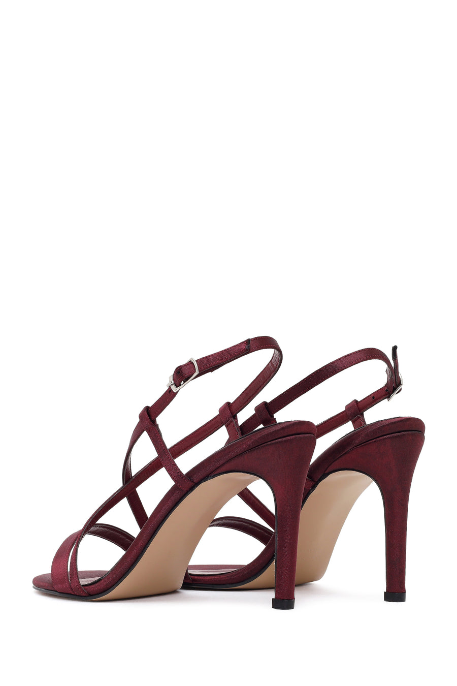 Women's Burgundy Ankle Buckle High Heeled Satin Sandals