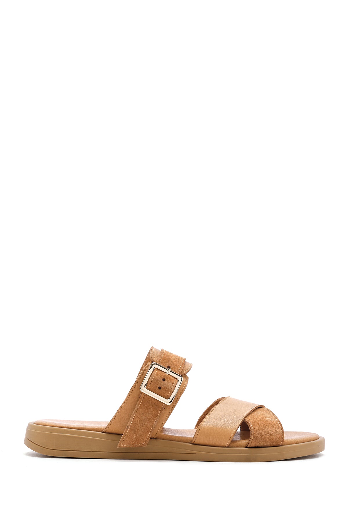 Women's Tan Buckle Leather Slippers 24SFD151514 | Derimod