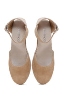 Women's Beige Ankle Strap Wedge Heels Suede Leather Espadrille | Derimod