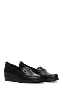 Women's Black Leather Wedge Heeled Comfort Loafer | Derimod