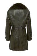 Rhoda Women's Khaki Collar Fur Belt Detailed Leather Coat | Derimod