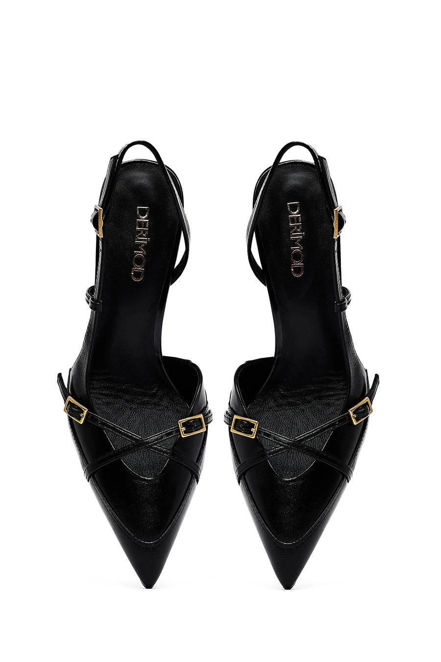 Women's Black Ankle Buckle Open Back Thin Heel Leather Shoes