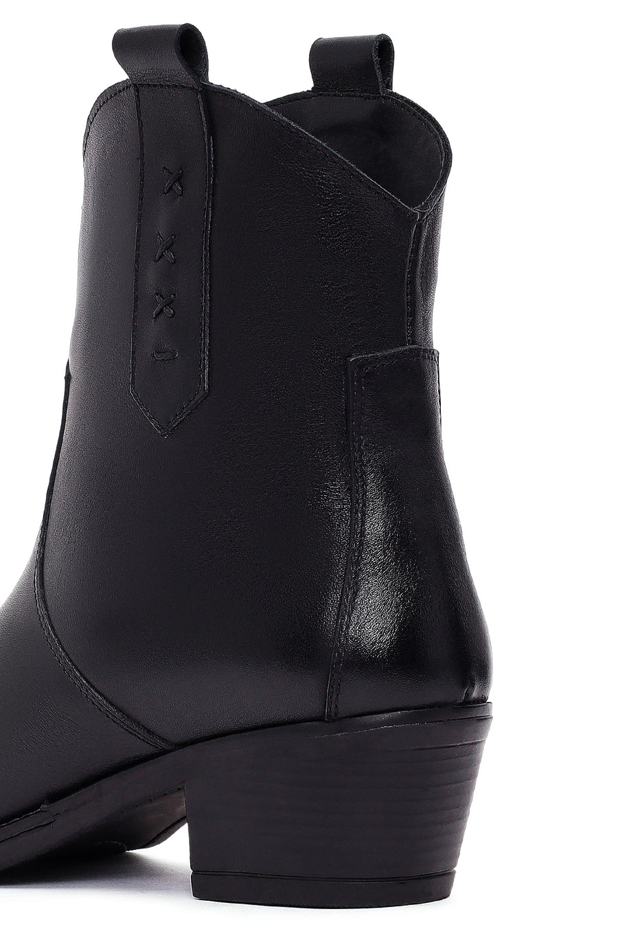 Women's Black Thick Heeled Leather Cowboy Boots