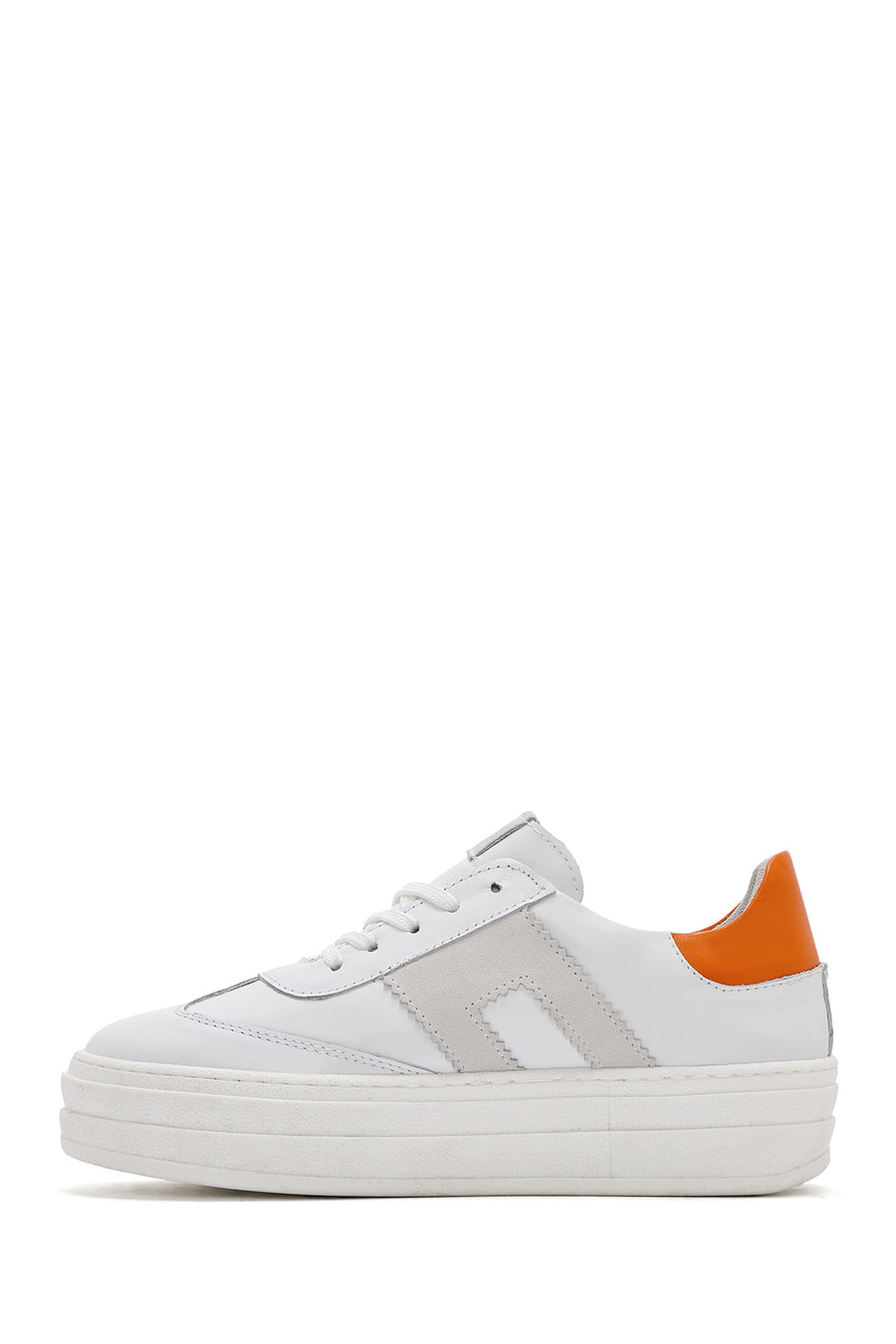 Women's White Lace-up Thick-Sole Leather Sneaker