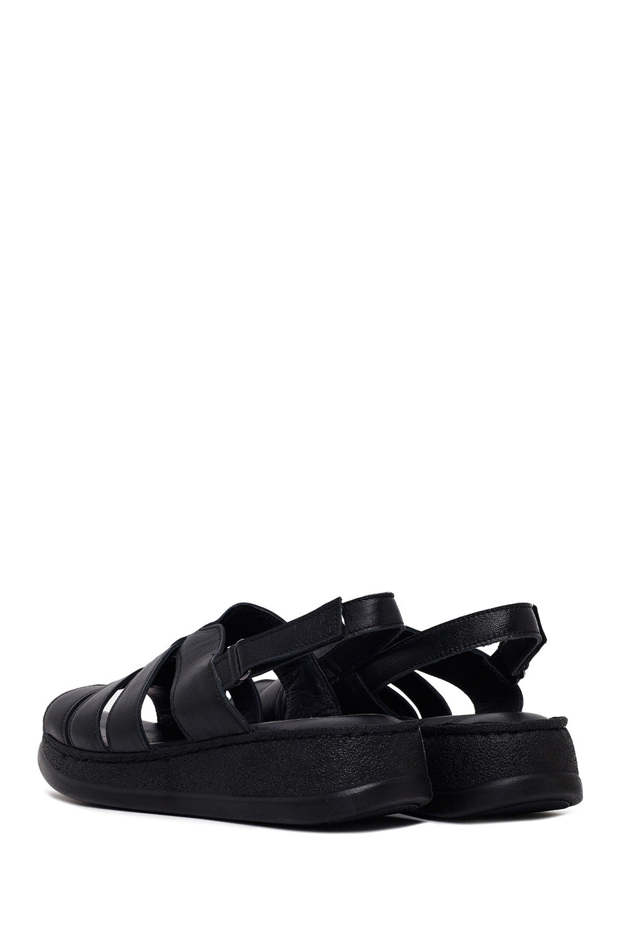 Woman Black Strappy Thick-Soled Leather Comfort Sandal