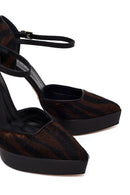 Woman Brown Ankle Buckle Platform Feather-Detail High Thin-Heeled Leather Shoes | Derimod